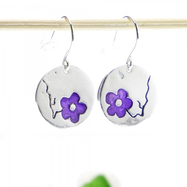 Boucles d'oreilles pendantes tendances violettes Fleur de Cerisier en argent 925