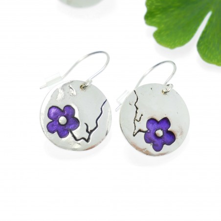 Boucles d'oreilles pendantes créateur violettes Fleur de Cerisier en argent 925