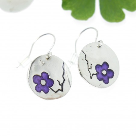 Boucles d'oreilles pendantes violettes Fleur de Cerisier en argent 925 faites main en France