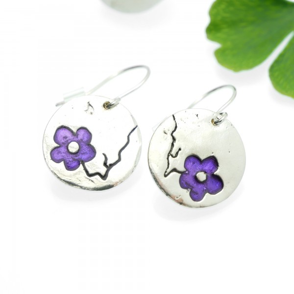 Boucles d'oreilles pendantes violettes Fleur de Cerisier en argent 925 fabrication française