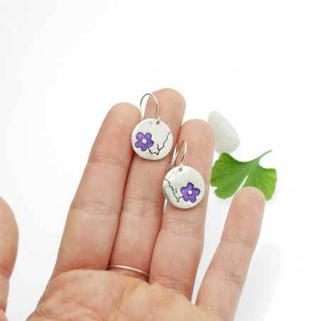 Boucles d'oreilles pendantes violettes Fleur de Cerisier en argent 925 fabriquées en France