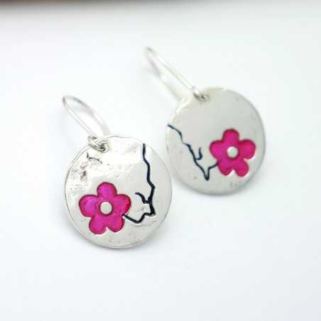 Boucles d'oreilles pendantes tendances rose fuchsia Fleur de Cerisier en argent 925