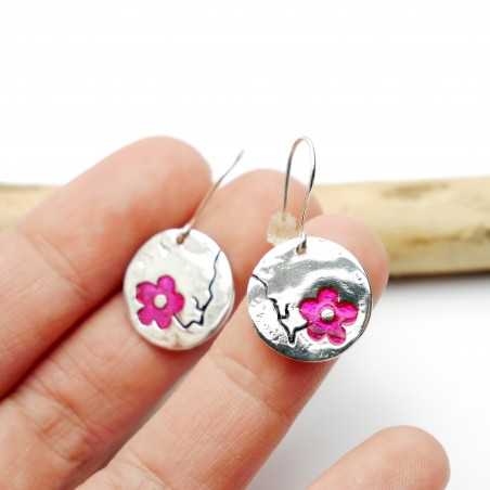 Boucles d'oreilles pendantes rose fuchsia Fleur de Cerisier en argent 925 fabrication française