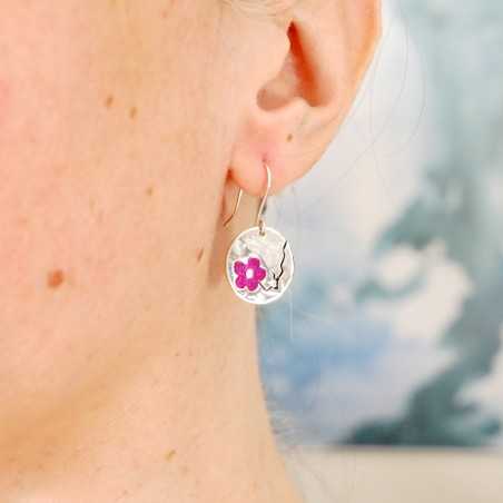 Boucles d'oreilles pendantes rose fuchsia Fleur de Cerisier en argent 925 fabriquées en France