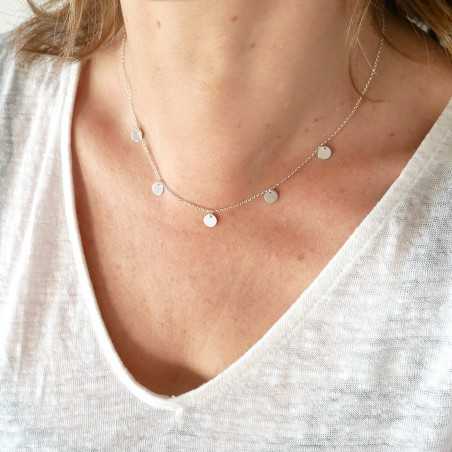 Necklace with 5 round thin choker charms in minimalist recycled 925 silver with adjustable chain