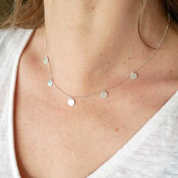 Necklace with 5 round thin choker charms in minimalist recycled 925 silver with adjustable chain
