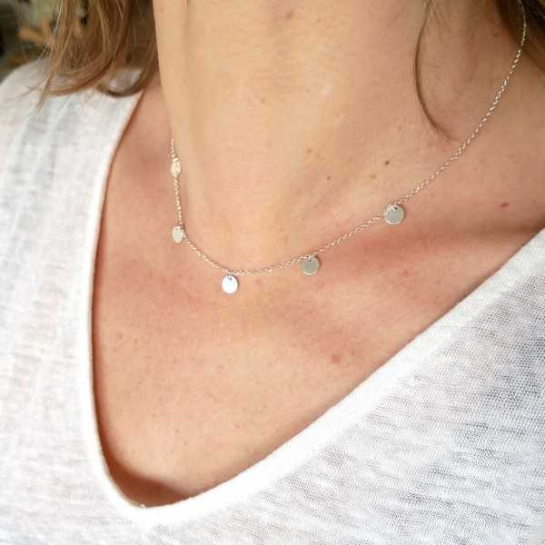 Necklace with 5 round thin choker charms in minimalist recycled 925 silver with adjustable chain