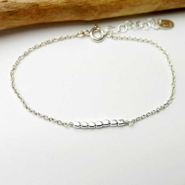 Minimalist recycled 925 silver thin bracelet with chain and square beads