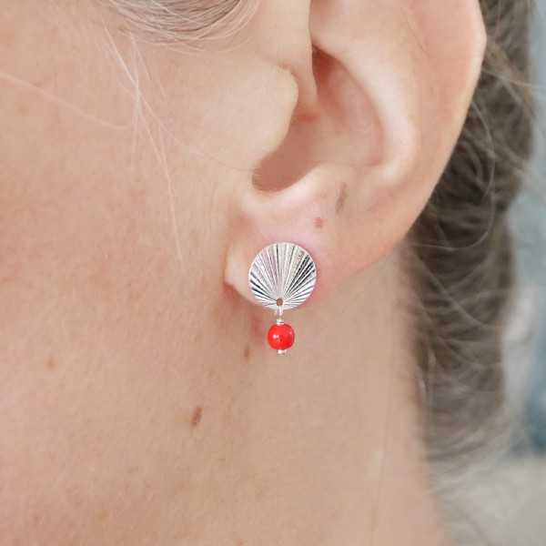 Boucles d'oreilles en argent 925 recyclé et perle de verre rouge Soleil Levant