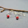 Minimalist round dangling earrings with a small red glass bead in upcycled and recycled 925 silver ♻ for women.
