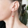 Minimalist round dangling earrings with a small red glass bead in upcycled and recycled 925 silver ♻ for women.
