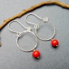 Minimalist round dangling earrings with a small red glass bead in upcycled and recycled 925 silver ♻ for women.