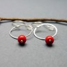 Minimalist round dangling earrings with a small red glass bead in upcycled and recycled 925 silver ♻ for women.