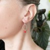 Minimalist round dangling earrings with a small red glass bead in upcycled and recycled 925 silver ♻ for women.