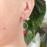 Minimalist round dangling earrings with a small red glass bead in upcycled and recycled 925 silver ♻ for women.