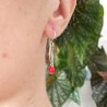 Minimalist round dangling earrings with a small red glass bead in upcycled and recycled 925 silver ♻ for women.