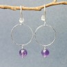 Minimalist round dangling earrings with an amethyst bead in upcycled and recycled 925 silver ♻ for women.