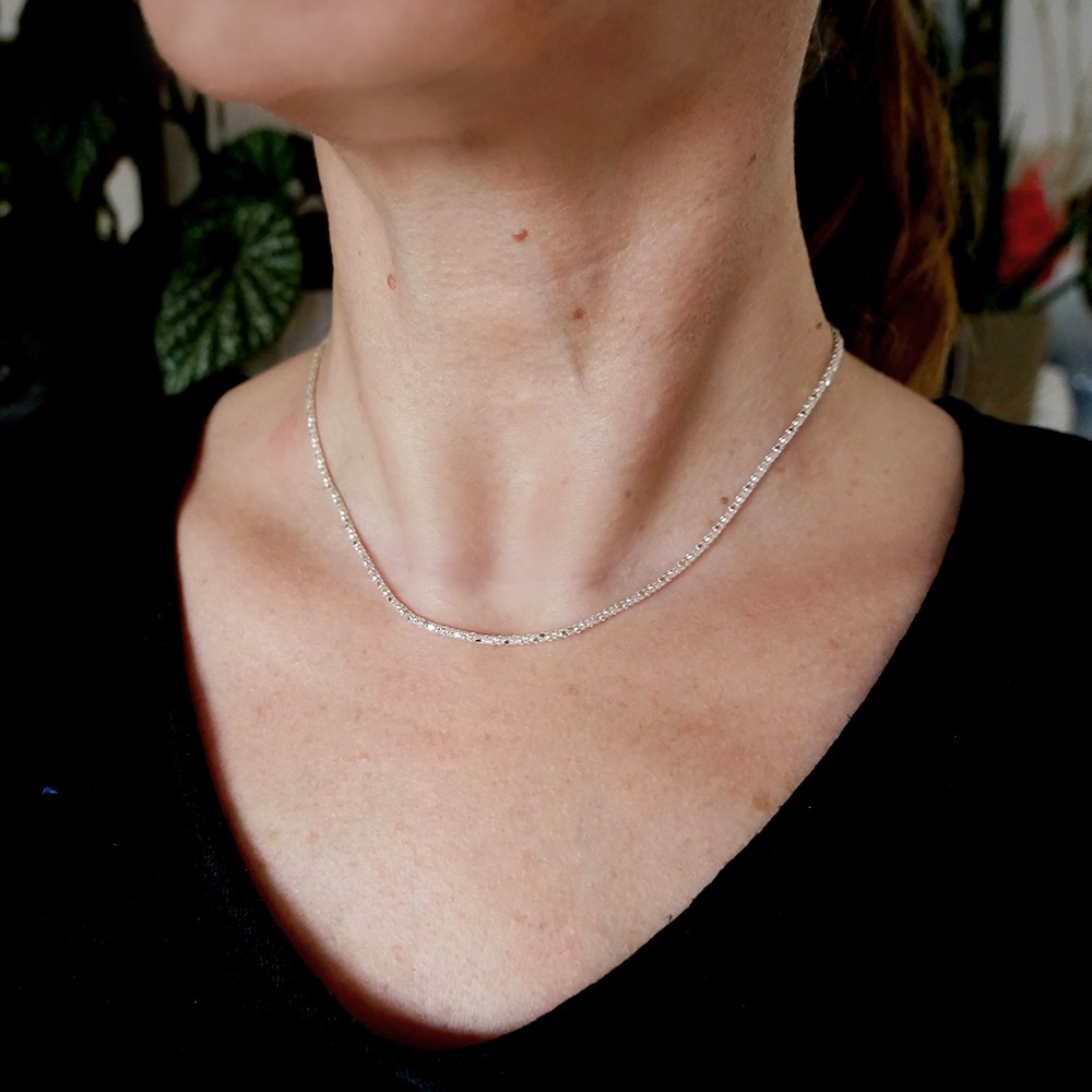 Collier Chaîne En Argent Massif 925 - Maille Art Déco Avec Pierre - Style Ethnique - Occasion