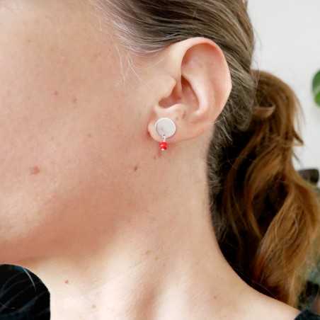 Boucles d'oreilles rondes en argent 925 recyclé et perle rouge