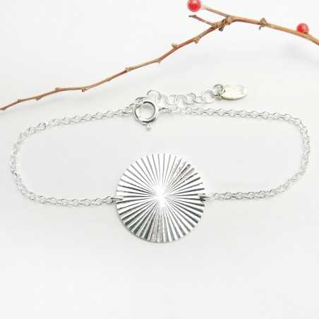 Thin 20 mm sun medal bracelet in minimalist recycled 925 silver with adjustable chain