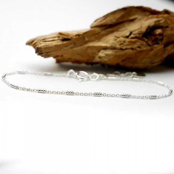 Minimalist recycled 925 silver bracelet for women, fine chain, alternating striated tubes, accumulable and adjustable