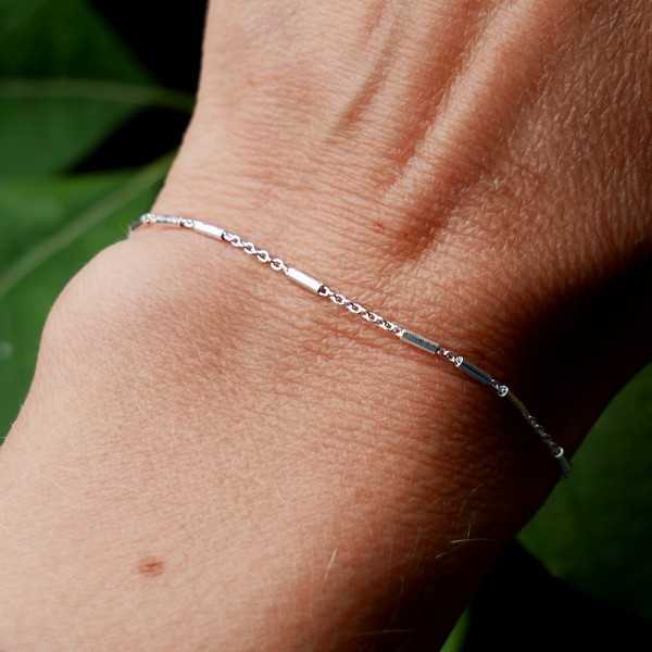 Minimalist recycled 925 silver bracelet for women fine chain with alternating tubes