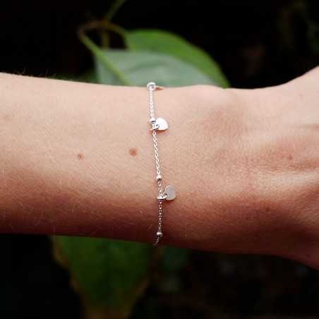 Minimalist Hearts bracelet with fine alternating round beads chain in recycled 925 silver for women
