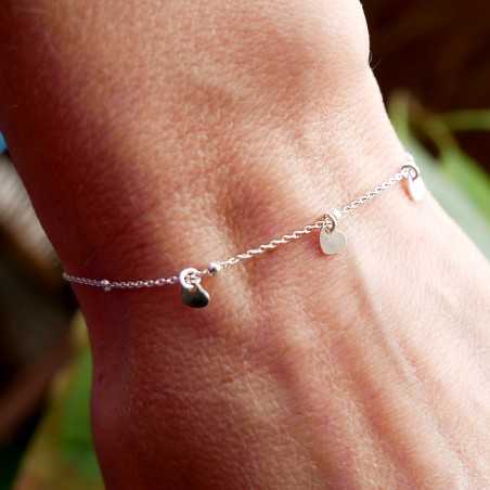 Bracelet cœurs en argent 925 recyclé minimaliste pour femme chaine fine perles rondes alternées