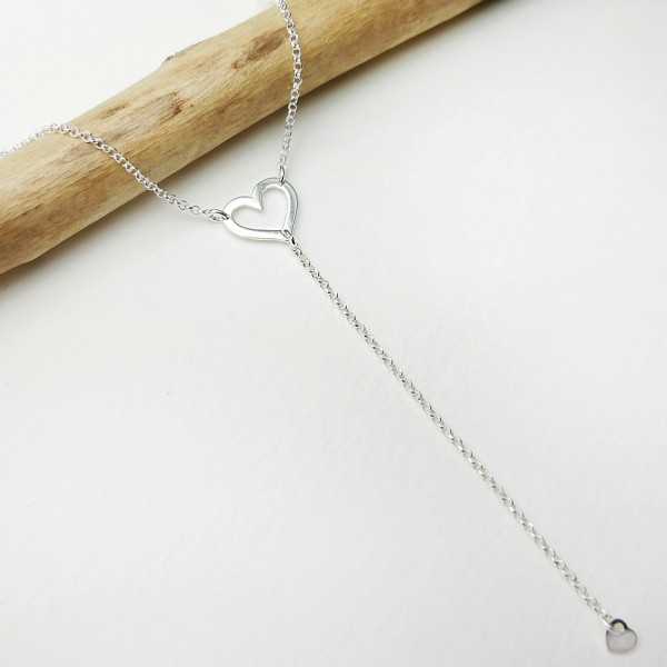 Women's hollowed-out heart Y necklace in minimalist recycled 925 silver for women on a fine adjustable chain