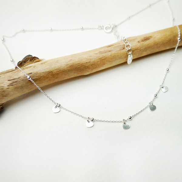 Women's necklace with small minimalist hearts charms in recycled 925 silver for women on a fine adjustable beaded chain