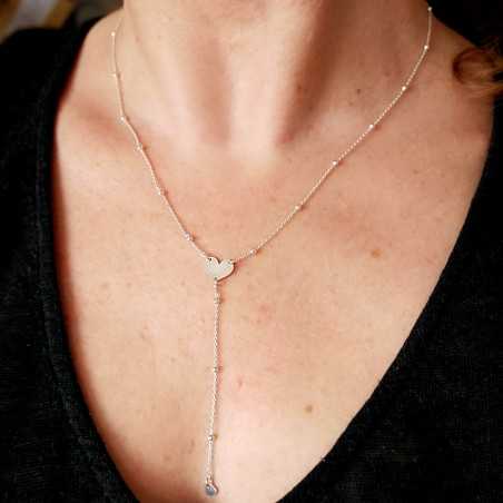 Collier Y femme cœur en argent 925 recyclé minimaliste pour femme sur chaine fine perlée réglable