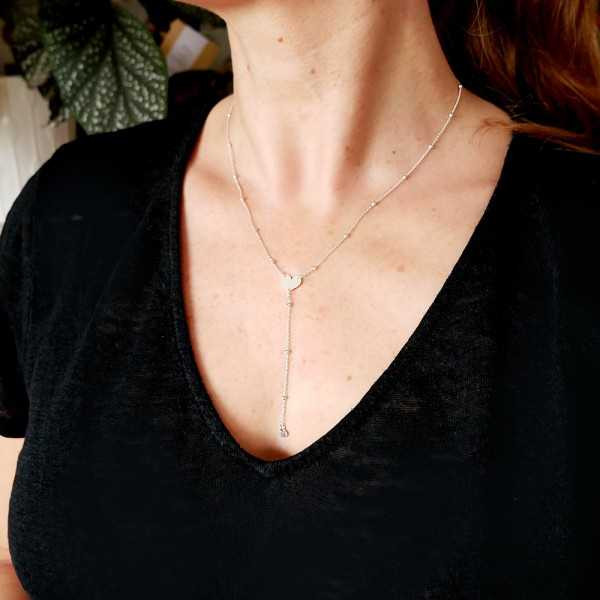 Collier Y femme cœur en argent 925 recyclé minimaliste pour femme sur chaine fine perlée réglable